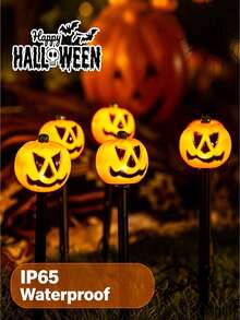 1set/5 piezas Luces solares de jardín con forma de calabaza de Halloween, impermeables para exteriores, diseño de calabaza de dibujos animados, se iluminan automáticamente por la noche, adecuadas para patio, parterre, jardín, camino, césped, decoración de Halloween - Multicolor - Ver 8