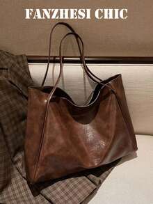 Solid Color Oil Wax Tie-Dye Shoulder Tote Bag, Lazy Soft Slouchy Large Body, Can Store Laptop, Books, Daily Necessities, Makeup, Miscellaneous Items, Essential For Travel, Magnetic Closure, Suitable For Commuting, Work, School, Shopping, Outings, Daily Use - Coffee - View 1