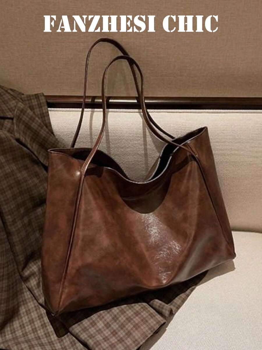 Solid Color Oil Wax Tie-Dye Shoulder Tote Bag, Lazy Soft Slouchy Large Body, Can Store Laptop, Books, Daily Necessities, Makeup, Miscellaneous Items, Essential For Travel, Magnetic Closure, Suitable For Commuting, Work, School, Shopping, Outings, Daily Use - Coffee - View 1