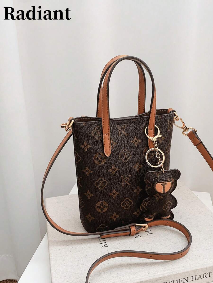 Women's Mini Tote Crossbody Bag, Vintage Letter Print Handbag With Bear Pendant And Gold Hardware, Detachable Shoulder Strap, Lightweight Retro Daily Bag - Multicolor - View 1