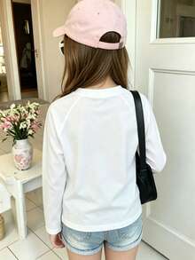 Autumn/Winter Ribbed Cotton Long Sleeve Top For Girls, Casual Sporty College Style - White - View 2