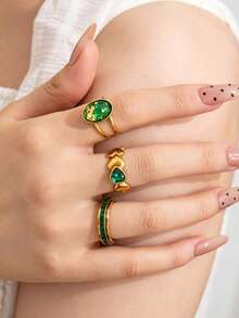 3pcs Vintage Fashion Stainless Steel Gold Rings Set, Inlaid With Gold And Green Rhinestone Heart Design, Suitable For Women's Daily Wear, Dating, Engagement, Wedding, Holiday, Saudi National Day Gift Jewelry - Gold - View 1