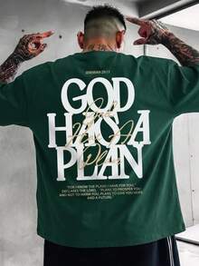 Kaos Lengan Pendek Kasual Unisex Musim Panas dengan Motif Berlapis dan Slogan Bahasa Inggris | Atasan Longgar yang Nyaman - Dark Green - View 3