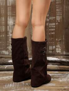 2026 Autumn/Winter New American Hot Girl Punk Style Metal Rivet Belt Buckle Slouch Boots Women Pointed Toe Inner Height Slimming Ruched Wide Leg Fashion Boots - Brown - View 4