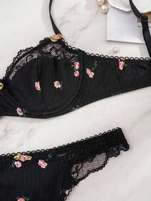 DAZY 1set Women's Black Floral Lace Trim Bra Set, Lingerie - Black - View 5
