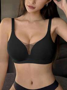 DAZY 1pc Seamless Mesh Patchwork Adjustable Unpadded Wireless Bra, Casual & Comfortable - Black - View 5