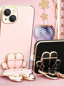 Pink/ Foldable Phone Stand With Makeup Mirror, Portable Universal Phone Holder, Cute Cartoon Design Phone Accessory, Suitable For Daily Makeup And Watching Videos - A - View 4