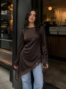 Women's Solid Color Long Sleeve Casual Top, Elegant Lace Patchwork Asymmetrical Hem Pullover, Versatile Commute All-Match Streetwear - Brown - View 5