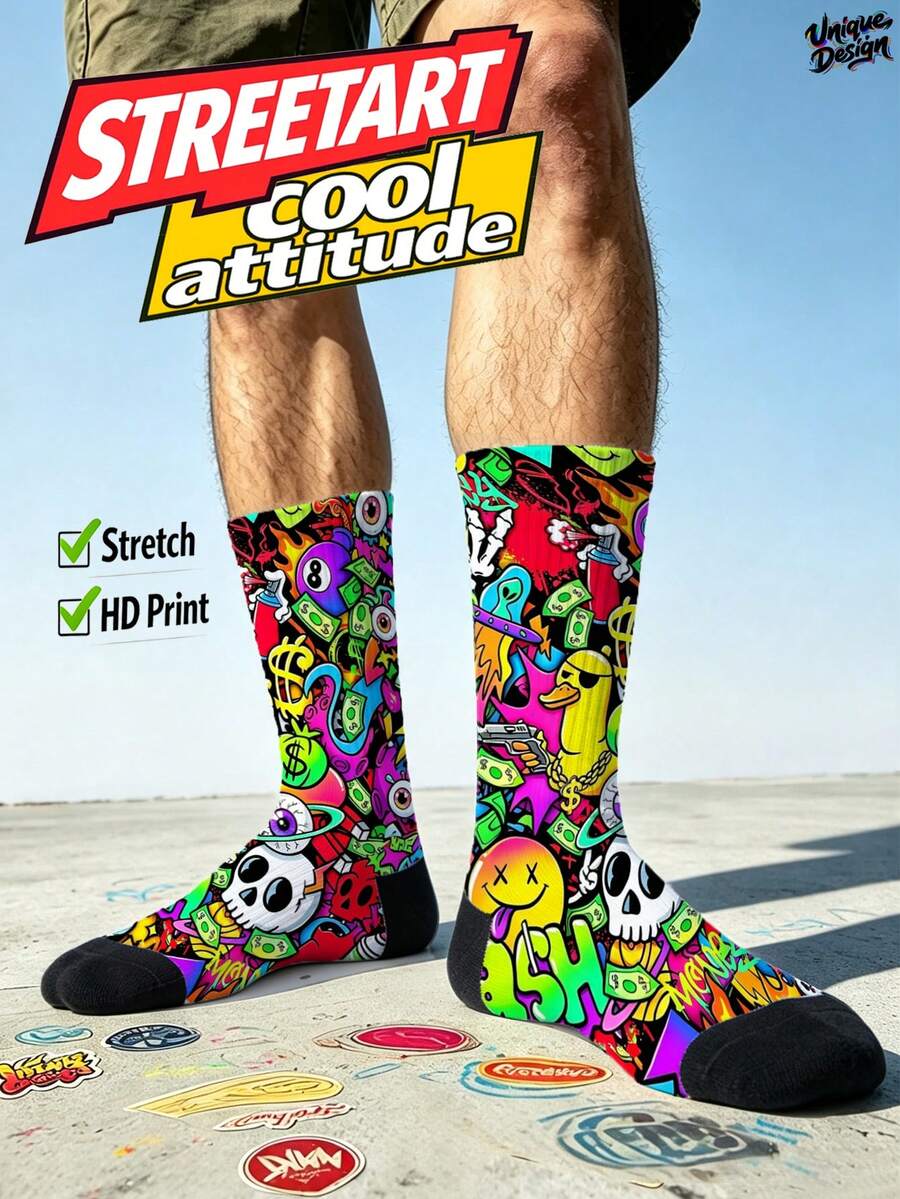Cool 360° Printed Men's Socks - Streetwear Socks,Ull-Print Stickers,Hip-Hop Cartoon Pattern,Colorful,Funny Socks, Fit Daily, Holiday & Party Occasions - Multicolor - View 1