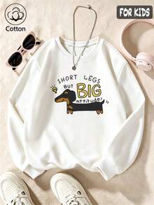 Cotton Round-Neck Pull-Over Sweatshirt For Girls, Loose Fit For Autumn And Winter, Featuring A Cartoon Dachshund Print, In A Cute And Sweet Preppy - White - View 3