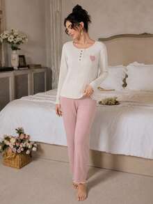 Women's Two-Piece Rib-Knit Pajama Set - Long-Sleeve Button-Detail Top & Matching Trousers - Soft, Cozy Loungewear For Ultimate Relaxation - Pink - View 5