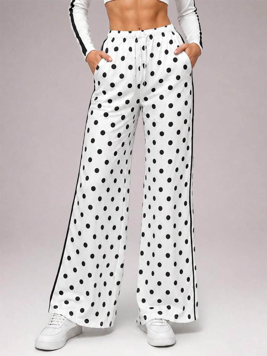 CZRLHYT Women's Loose Straight Leg Pants, Drawstring Waist Polka Dot Pants, Suitable For Outdoor Hiking, Sports, All-Season Daily Wear - Black and White - View 1