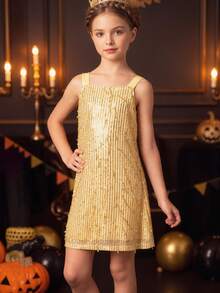 Tween Girl Spaghetti Strap Sequin Fringe Latin Dance Dress Performance Costume Party Dress - Yellow - View 8