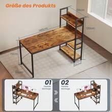 Schreibtisch mit 4-Tier Seitlichem Regal, 120 cm Breiter Computertisch mit Ablage, Stabil Bürotisch mit Metallgestell, Einfache Montage für Home Office - Bestickt Braun 140 x 56 x 120 cm - Übersicht 3