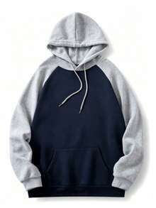 Men's Loose Drop Shoulder Colorblock Patchwork Hoodie Sweatshirt, Autumn/Winter - Navy Blue - View 5
