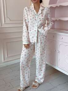 Dreamivo 2pcs/Set Women's Comfortable Ditsy Floral Lapel Long Sleeve Top And Bowknot Long Pants Pajama Set - White - View 3