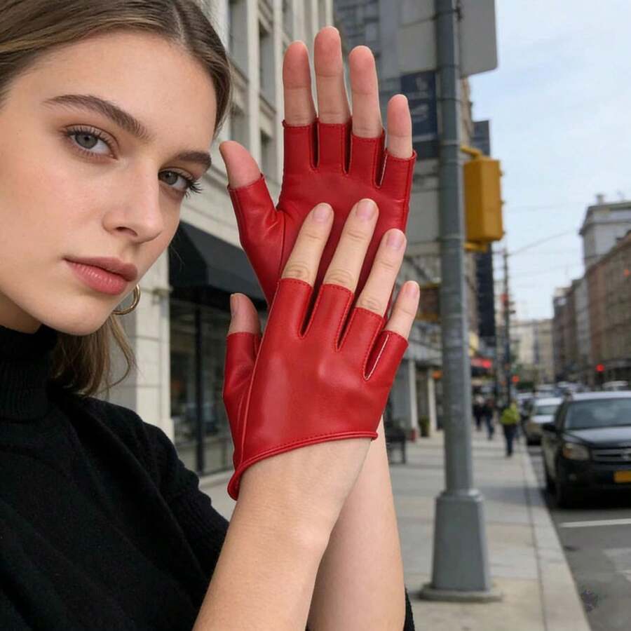 1 Pair Set Burnt Orange Brown Open Finger Slanted Cuff PU Gloves - Red - View 1