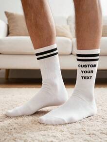 Striped Custom Text Crew Socks. Classic White Ribbed Socks Featuring Two Black Stripes On The Cuff, Available For Personalized Custom Text Printing. - Multicolor - View 3