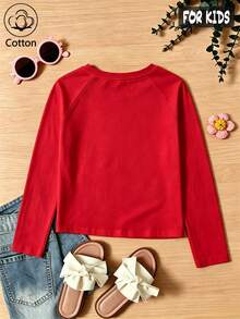 Autumn/Winter Ribbed Pure Cotton Long-Sleeved Top For Girls, Casual, Sporty And Preppy Style - Red - View 2