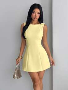 Elegant Sleeveless Mini Dress With Pearl Edge U Back, Slim Fit Flare Hem Short Dress, Daily Commute Birthday Dinner Clubwear Wedding - Yellow - View 6