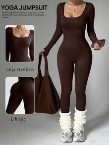 Seamless Shaping Jumpsuit - Ribbed Design & Tummy Control For Yoga, Running, Daily Wear - Coffee Brown - View 1