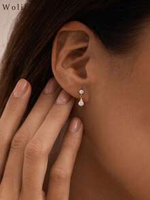 1Pair Dainty Gold‑Tone Round & Kite Cut CZ Drop Earrings, Elegant Sparkling CZ Dangle Earrings, Minimalist Jewelry For Women Daily Dating Wedding Wear - Gold - View 4