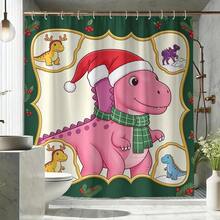 4 Piece Bathroom Set Cute Pink Dinosaur With Santa Hat Scarf Print Shower Curtain Set Christmas Holly Berry Frame Dinosaur Pattern Bathroom Decor With Hooks For Home Shower Room Background Decoration - Dinosaur Photo Frame - View 8