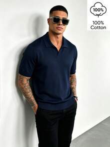 WAIT HIM Men's Casual Solid Color Turn-Down Collar Short Sleeve Knit Top - Navy Blue - View 3