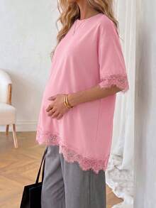 孕婦蕾絲飾邊七分袖上衣，寬鬆彈性棉混紡孕婦T恤，休閒款適合日常工作與居家穿著 - 粉色 - 查看 2