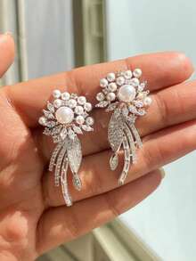 1 Pair Fashionable Luxury Elegant Graceful Floral Stud Earrings With Synthetic Cubic Zirconia And Faux Pearl, Women's Jewelry For Daily Wear, Banquet, Party, Gift - Silver - View 2