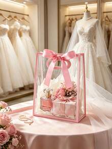 2/12/24pcs Transparent Gift Bags With Pink Trim, Handles And Ribbon Bows, Reusable PP Gift Bags Suitable For Cosmetics And Gifts, Perfect For Graduation, Wedding, Bridal Shower, Birthday, Party - Multiple Styles - View 10