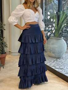 Women's Elegant Fashion Multi-Layer Ruffle Cake A-Line Long Skirt - Blue - View 5