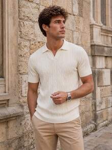 Men's Argyle Cable Knit V-Neck Short Sleeve, Y2K Loose Casual Top - White - View 2