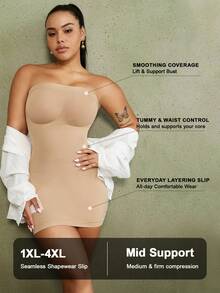 1pc Plus Size Women's Shapewear Abdominal Compression Costume, Flat Tummy Waist Trainer, Butt Lifting Seamless Bodycon Dress - Apricot - View 7