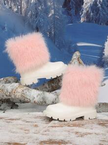 Girls' Pink Fluffy Fur Trim Round Toe Back Zipper Design Warm Comfortable Ankle Boots, Suitable For Daily Wear - Pink - View 5