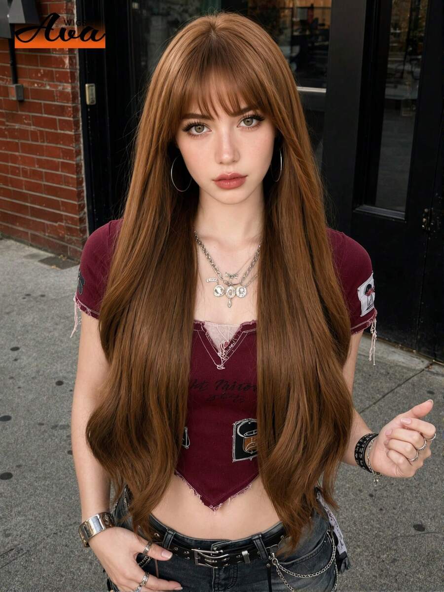Topshe 24 Inch Brown Highlighted Long Wavy Synthetic Wig With Bangs, Glueless Heatproof Synthetic Wig For Women, Black Mixed With Red Long Wavy Style, Suitable For Daily, Party, Cosplay, Halloween, Gift