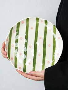 2pcs/1pc Hand Painted Striped & Polka Dot Ceramic Plates Set, Asymmetrical Wavy Rim Dinner Plates, Green Stripe Pink Dot Salad Dessert Serving Dishes, Microwave & Dishwasher , Tableware For Home Kitchen - Multicolor - View 12
