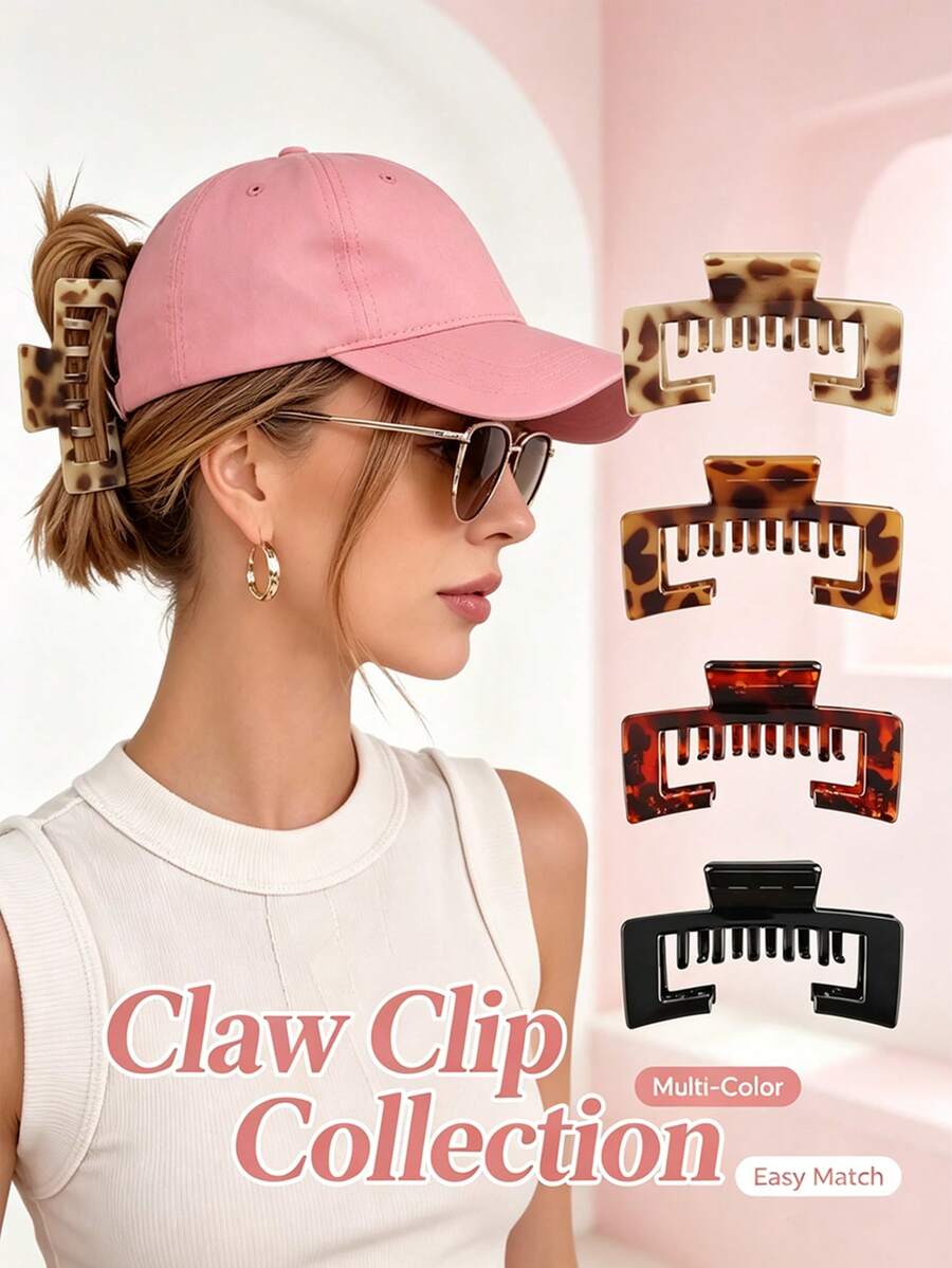 1/4pcs Oversized Hair Claw Clips Suitable For Wearing Hats, Hollow Square Design Fits Baseball Caps Easily. Strong Grip Holds Messy Hair Securely. Fashionable Matte And Tortoise Shell Colors, Ideal Hair Accessory For Women's Daily Outings. - Multicolor - View 1