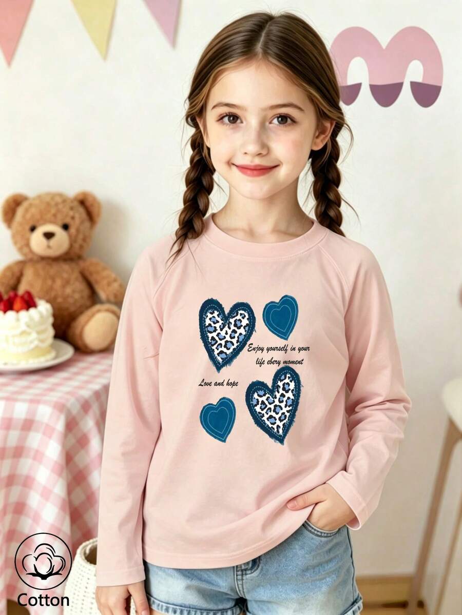 Girls' Cotton Raglan Long-Sleeve T-Shirt, Long Sleeves For Autumn & Winter, Leopard Heart Print With Lettering, Cute Sweet Girly Preppy Style - Pink - View 1