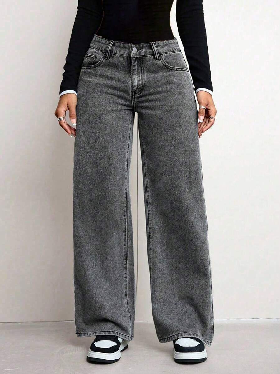 Jeans rectos de cintura baja de unicolor y ajuste holgado para adolescentes - Gris Oscuro - Ver 1