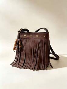 Women's Coffee Brown Exquisite Small Faux Suede Crossbody Bag, Tassel Style With Rivet Star Inlay, College Style Phone Bag, Suitable For Shopping - Coffee Brown - View 8