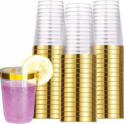 200ML-6.76oz Party Flat Bottom Cups, 20pcs Clear Sturdy Hard Plastic Cups With Gold Rim, Half Pint Reusable Cups, Suitable For Party, BBQ, Football Game, Birthday
