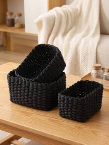 1pc/3pcs Handwoven Paper Rope Storage Basket Set, For Home Organization & Storage, Suitable For Living Room, Bedroom, Cabinet, Office, Home Decoration, Farmhouse Decor (Small + Medium + Large), Shelf Baskets, & Valentine's Day Decoration - Black - View 3