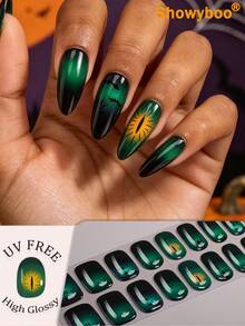 Showyboo Full Coverage Gel Nail Stickers, 22pcs, Halloween Green & Black Gradient Bat Evil Eye Print Full Cover Nail Stickers, Suitable For Halloween Cosplay, Mystery Game, City Outing, Campus Daily Nail Art - Multicolor - View 12