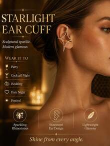 outingfit 1 par de pendientes de oreja tipo cuff geométricos con estrella de diamantes de imitación dorados para mujer, joyería de oreja brillante y única, adecuada para fiesta, boda, festival de música, atuendo de cita - Estrella - Ver 3