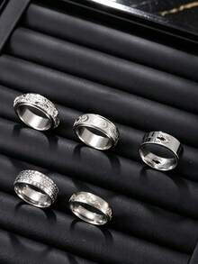 5pcs Fashion Stainless Steel Men's Silver Ring Set With Coin, Spider, Star, Moon Rotating Elements, Suitable For Men's Daily Wear And Halloween Accessories - Silver - View 2