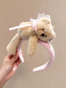 1pc Women's Sweet Plush Teddy Bear Headband, Pink Plaid Lace Bow Decor Cute Daily Hair Accessory - Multicolor - View 3