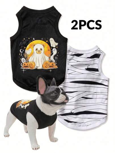 LUCKIE LABO 2pcs Halloween Ghost Bear Pattern Pet Vest, Physical Flea Prevention, Reduce Shedding, Insulated And Breathable, Suitable For Small And Large Dogs And Cats, Indoor And Outdoor