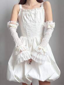 1 Pair Girls Lace Trim Patchwork Arm Sleeves, Ballet Style White & Black Sleeve Covers, Sweet Cute Lolita Bowknot Arm Warmers - Multicolor - View 12