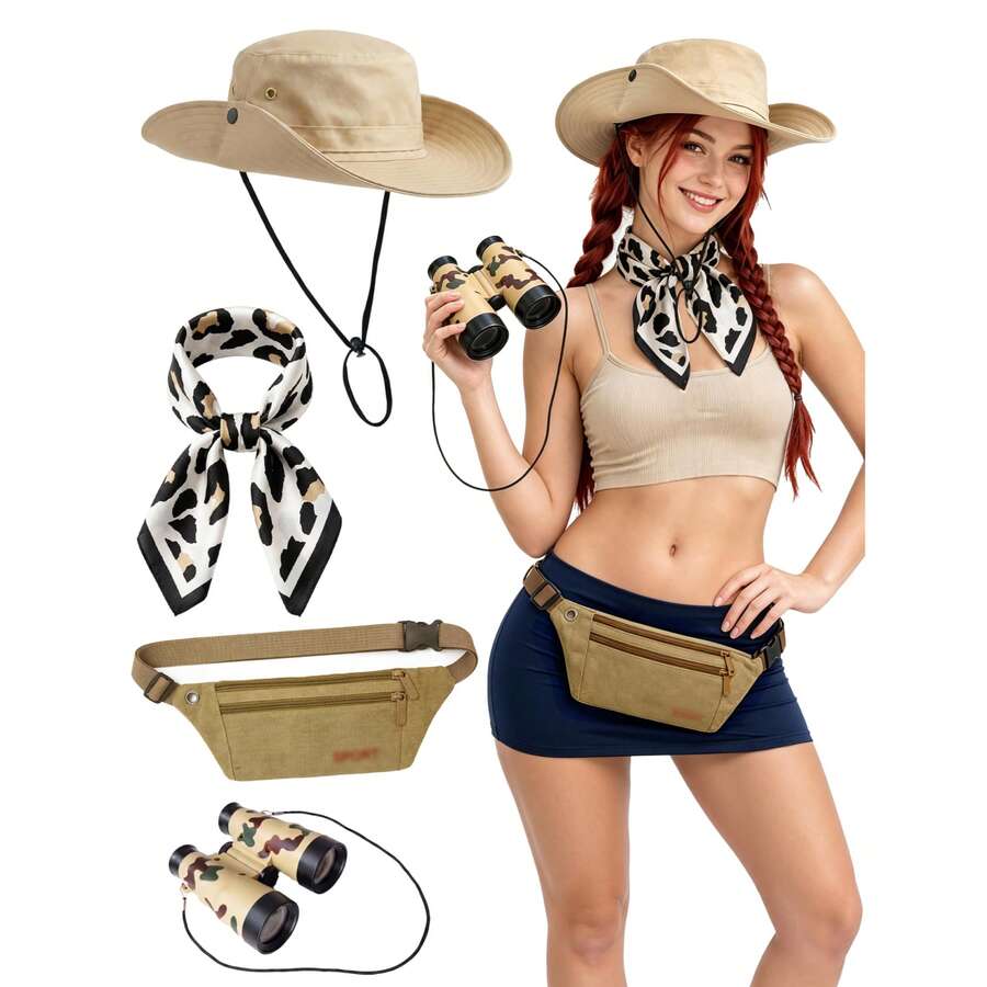 4pcs Adventure Costume Set For Women, Includes Waist Bag, Adventure Hat, Binoculars And Leopard Print Scarf, Adult Props - Multicolor - View 1